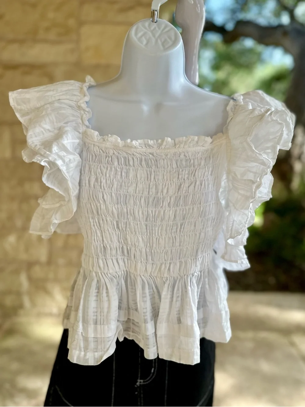 Banana Republic White Smocked Ruffle Sleeve Peplum Top
